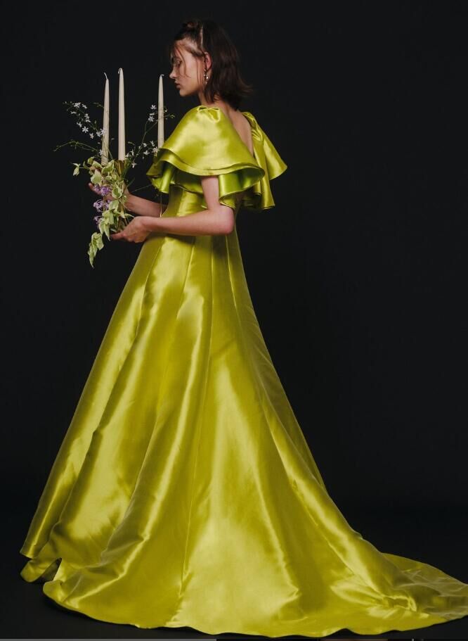 パーティードレス グリーン フレンチスリーブ スクエアネック 披露宴  