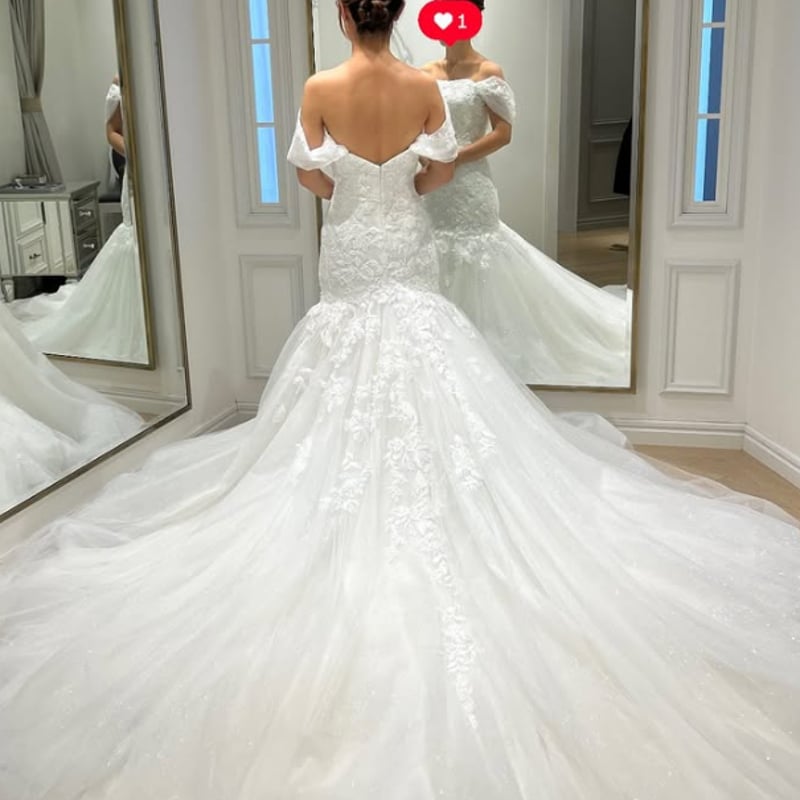 ドレスプロダクション　オフショルダー ソフトマーメイドドレス ホワイト オフショルダー フリル ソフトマーメイドドレス ホワイト（W300WH）