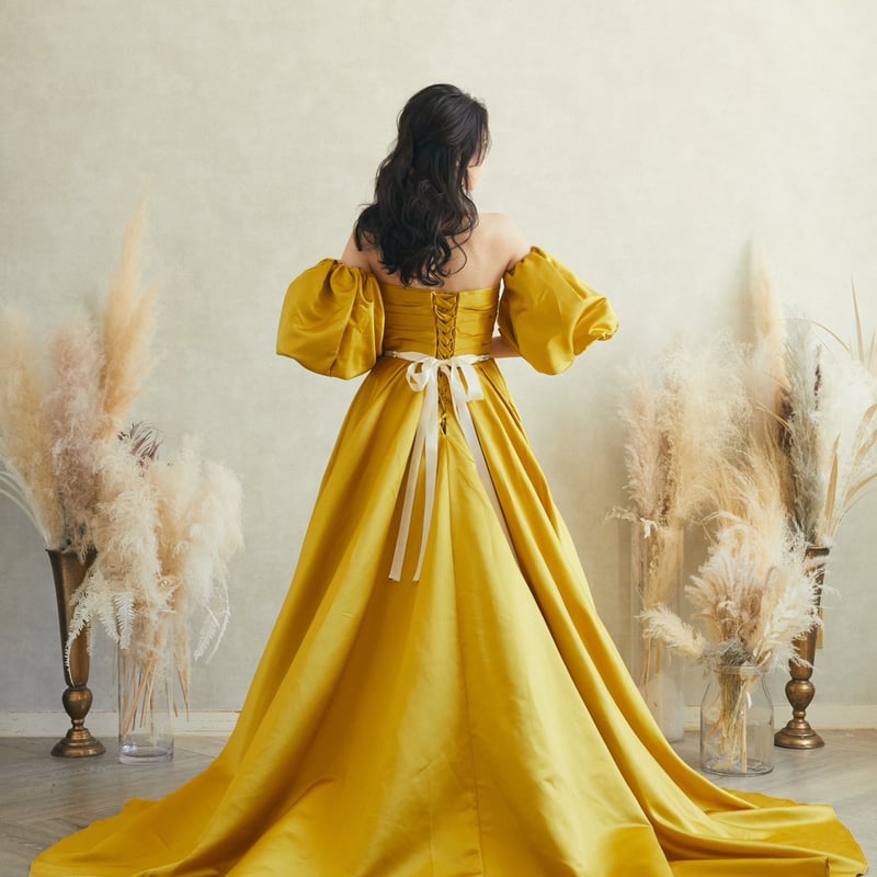 パーティードレス 取り外し袖 イエロー 編み上げ 抜群のおしゃれ見え