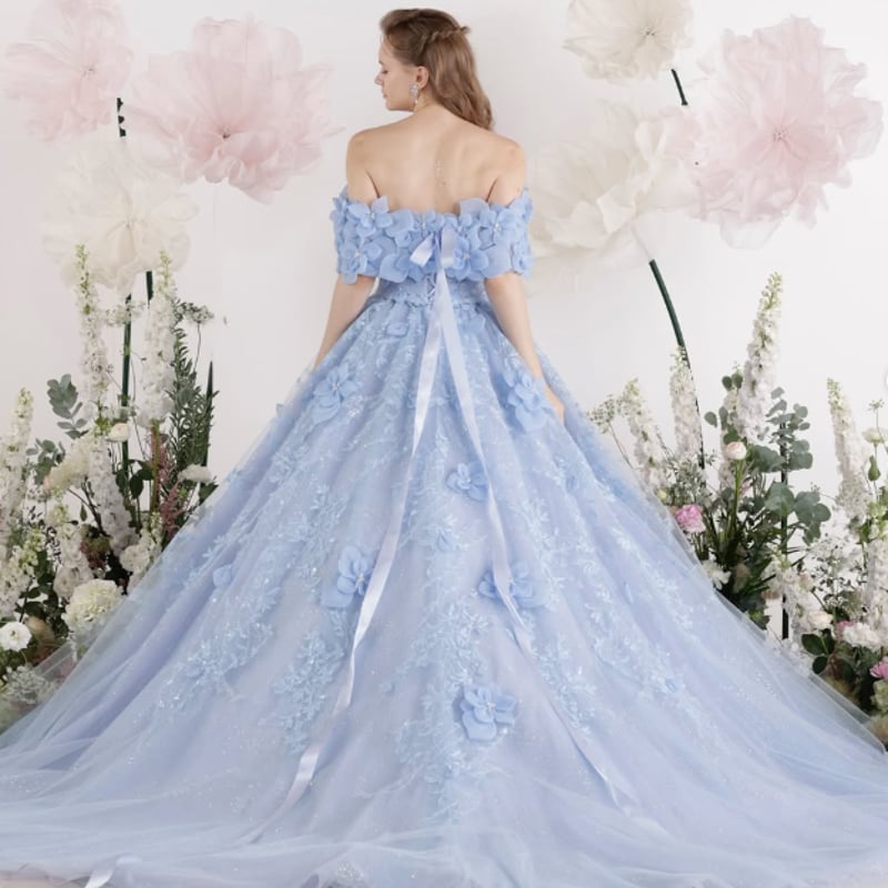 セール 美品  カラードレス  水色  チュール  グリッター 送料込 高品質！送料無料！カラードレス ベアトップ ブルー/青 グラデーション