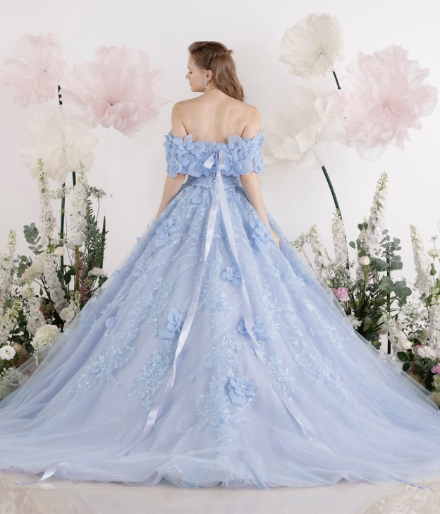 カラードレス 爽やかで優しいブルー キラキラグリッターチュール 3D