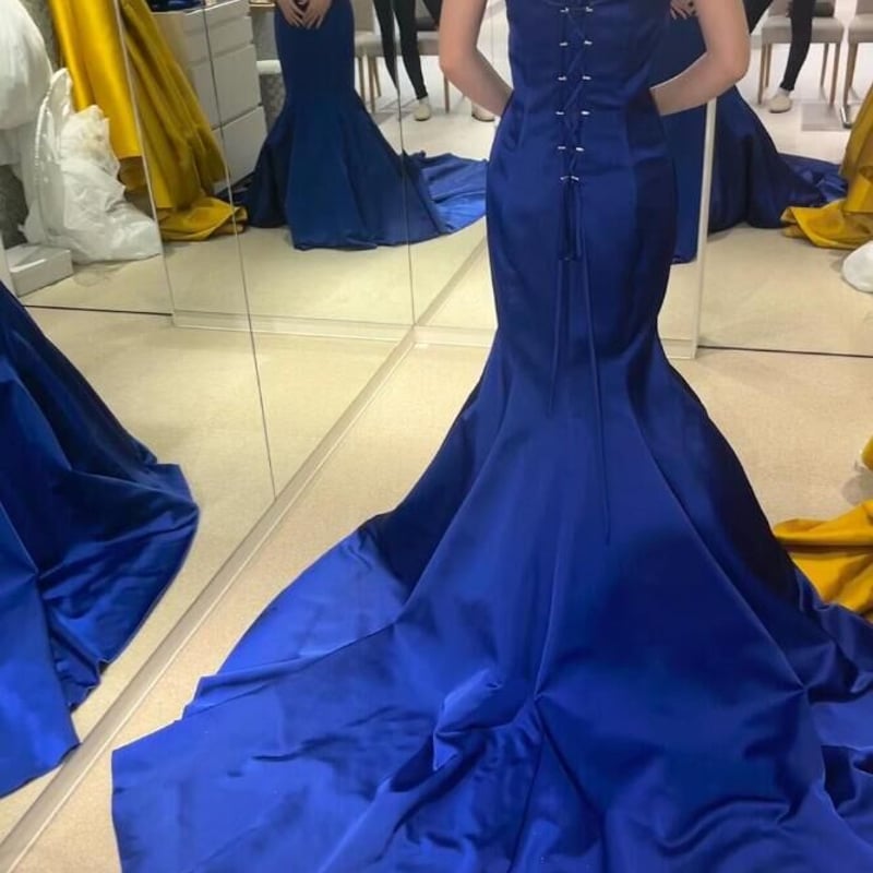 クラシカル 青/ブルー 光沢サテン オフショルダー リボン 花嫁/結婚式  