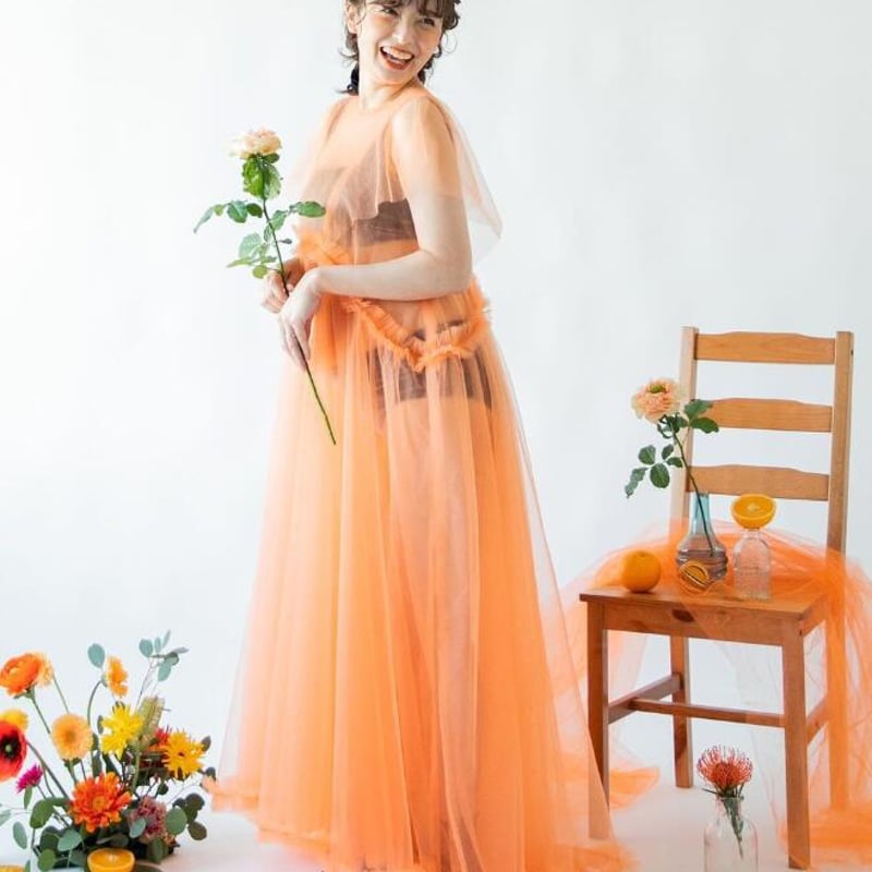 送料無料！透け感あり ビタミンカラーオレンジ シフォンマタニティ