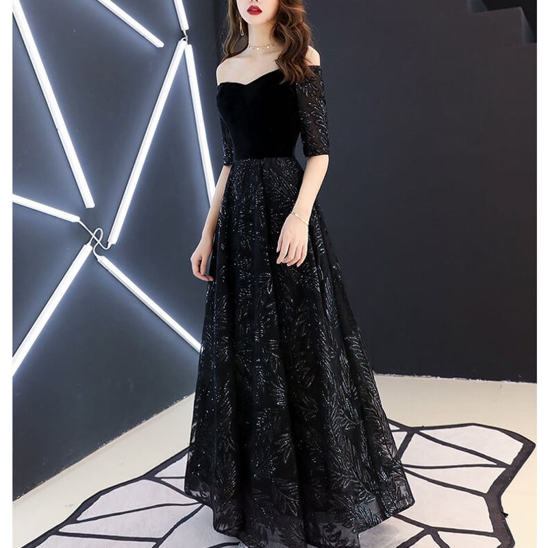 大人気上昇 パーティードレス 黒 オフショル 半袖 2次会 音楽会 抜群  