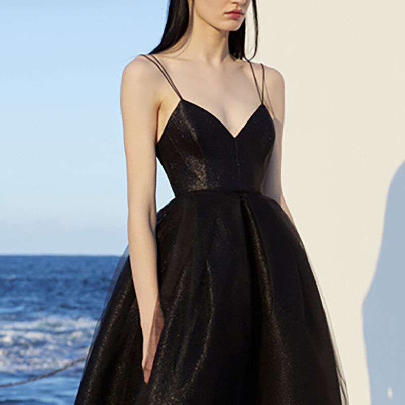 上品！パーティードレス 黒 キャミソール Vネック ロングドレス  