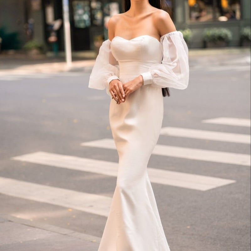 上品！ パーティードレス ホワイト ベアトップ マーメイドライン 姫袖  