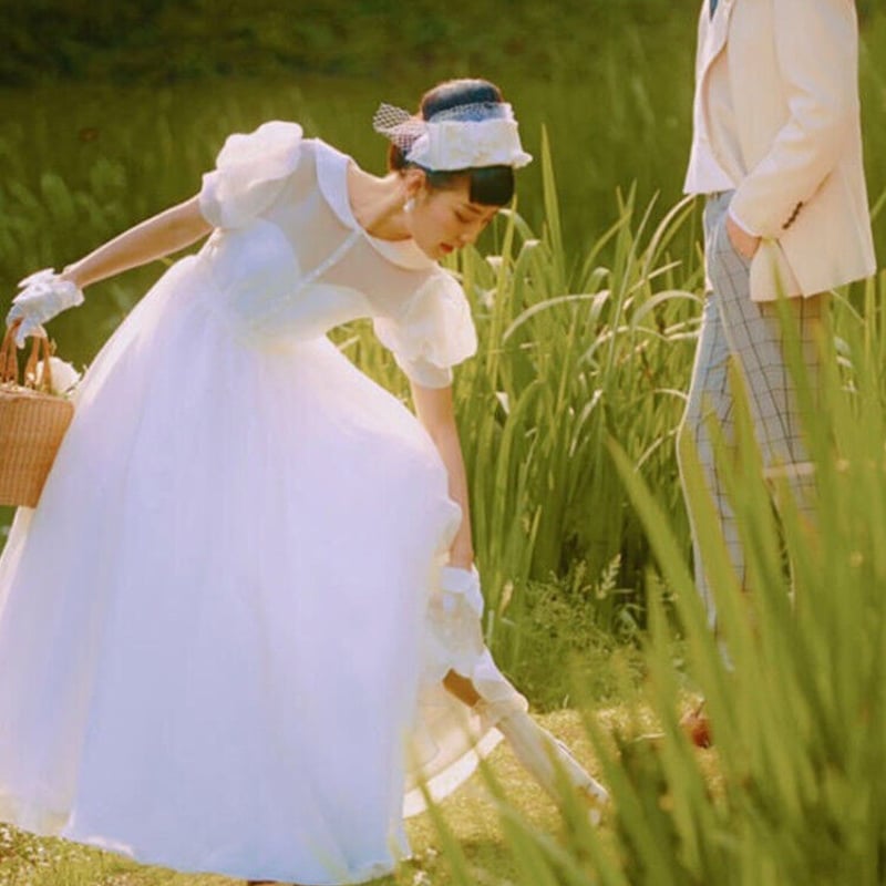 フランス風 パーティードレス ホワイト ロング パフスリーブ 2次会  