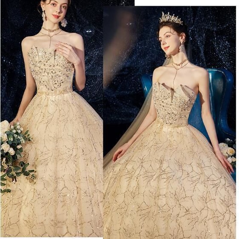 カラードレス シャンパン色 キラキラチュール ベアトップ プリンセス  