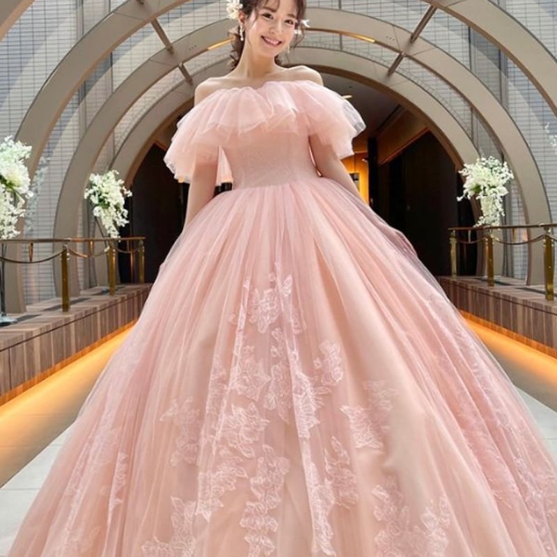 美しいピンクの花のシルクドレス★シルク100% スリップ レース付き シルク 100％ チュールレース サテン