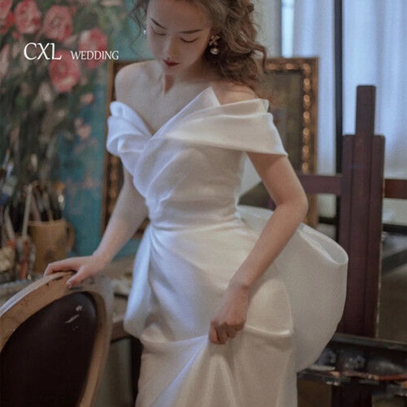 高品質！ ウエディングドレス ホワイト オフショルダー ミニトレーン  