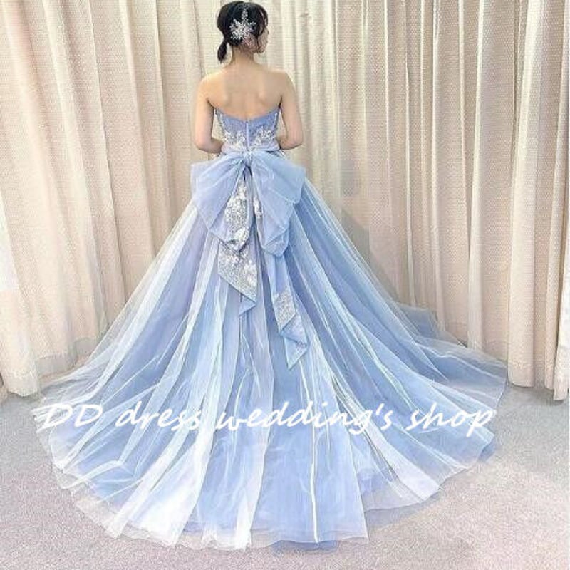 カラードレス プリンセスライン ロングドレス ブルー フリル リボン