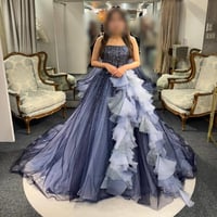 カラードレス ネイビー 取り外し可能な立体ドレープ シークインチュール ビスチェドレス 華やかなトレーン 編み上げ ブライダル