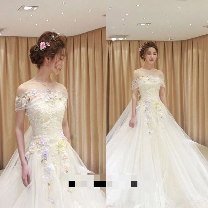 2WAY長いトレーンウェディングドレス、カラー花 ドレスワンピース結婚 