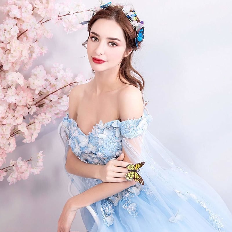 薄青 ラウンドネックオフショルダー ウェディングドレス 大きいサイズ  