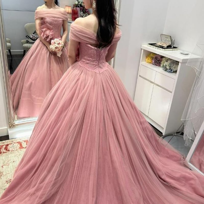 カラードレス ピンク オフショル 繊細レース 可愛い 花嫁 チュール  