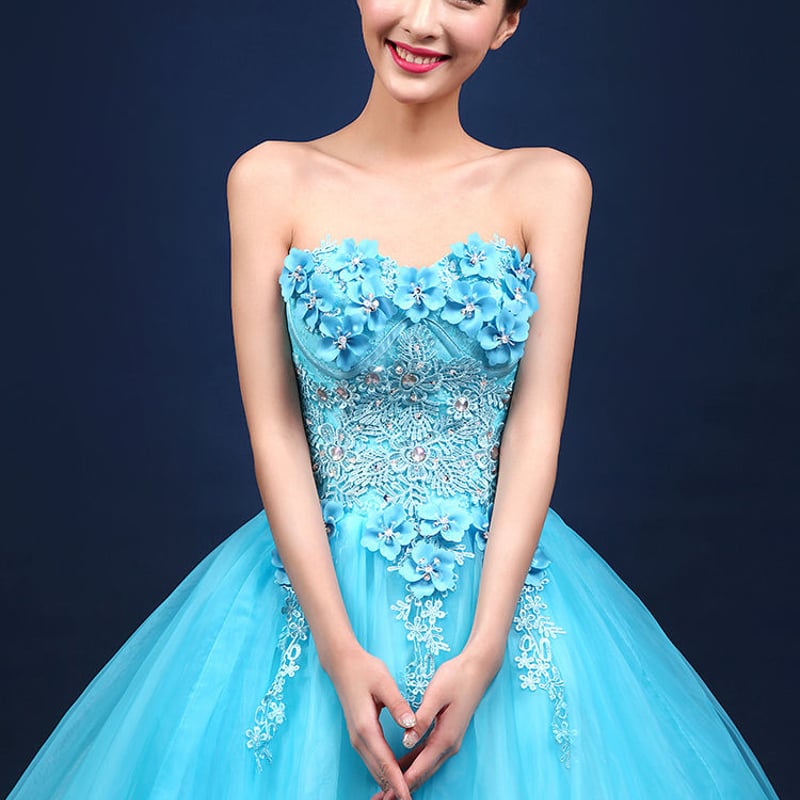 カラードレス 青/ブルー 上質オーガンジー 繊細レースビジュー ベア  