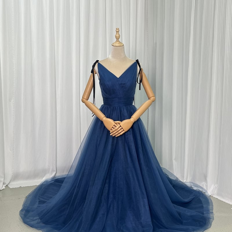 カラードレス 青/ブルー キャミソール Vネック エレガント バックレス  