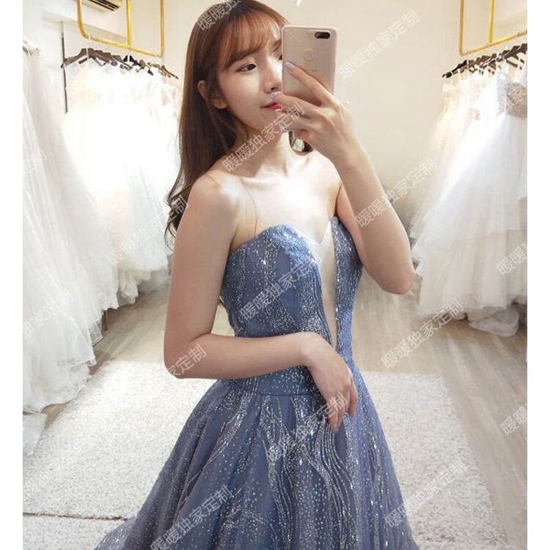 高品質！パーティードレス ブルー キラキラ光る刺繍 ロングドレス  