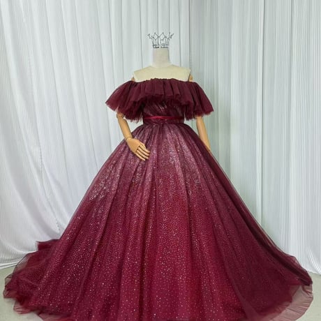カラードレス   ワインレッド   オフショルダー   編み上げ   サッシュベルト   キラキラグリッターチュール    華やかなトレーン  花嫁  前撮り