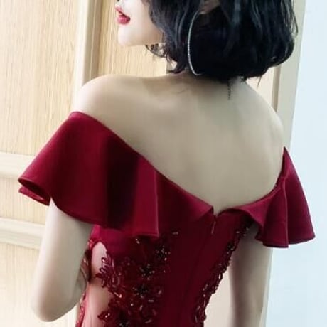 美品！パーティードレス  ワインレッド マーメイドライン オフショル  ロングドレス お呼ばれ/二次会/2次会/合コン/デート/謝恩会/ パーティー/