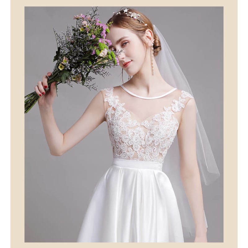 ウエディングドレス ホワイト シルク レース Aライン ミニトレーン/短  