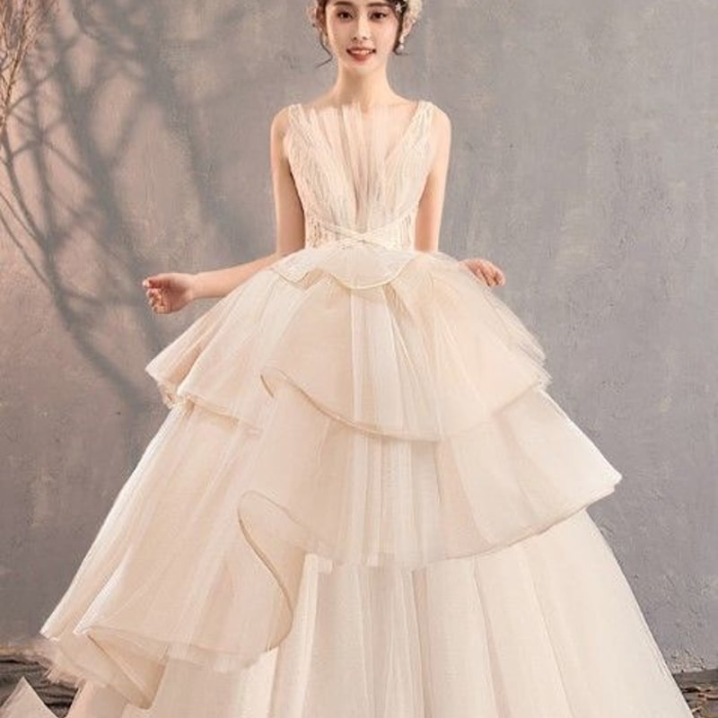 カラードレス 薄シャンパンの色 上質オーガンジー プリンセスライン  