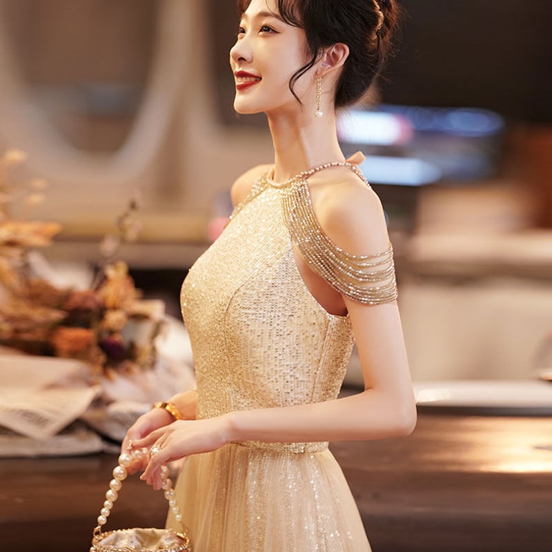 大人気上昇 パーティードレス シャンパン色 オフショルダー キラキラ  
