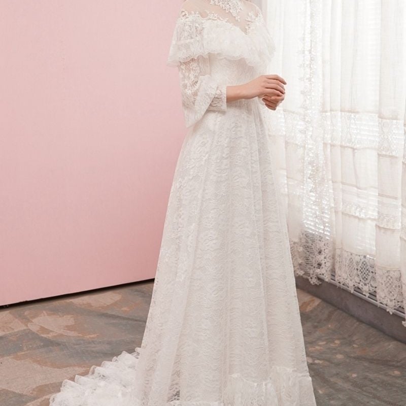 ウエディングドレス 総レース シースルー袖 エレガント 結婚式