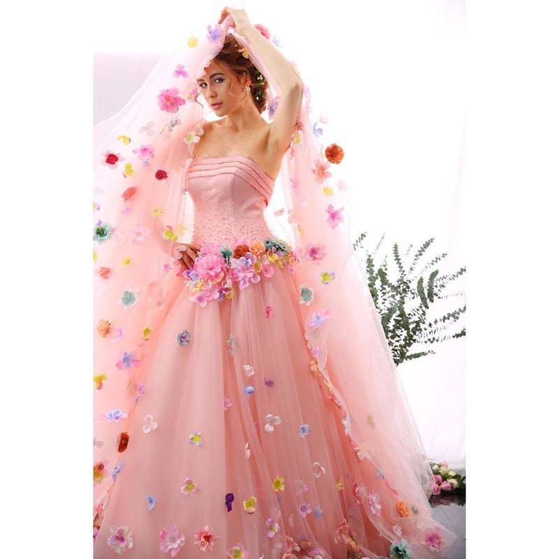 カラードレス ロング 贅沢な花 ウエディングドレス フラワードレス