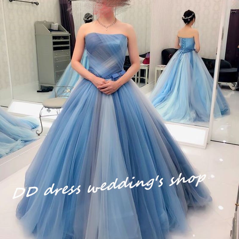 高品質！青 カラードレス ソフトチュール プリンセスライン 2次会 挙式  