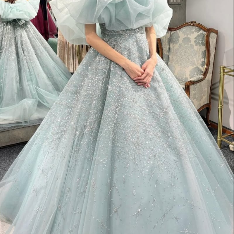 カラードレス 薄青 オフショルダー キラキラグリッターチュール 華やか