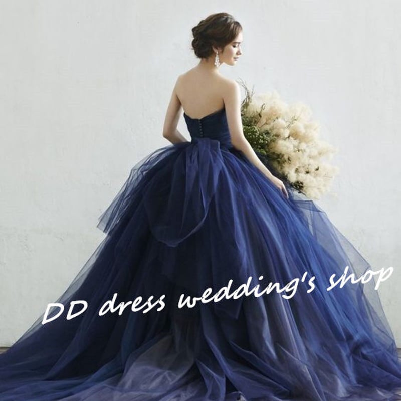高品質！ネイビー ベアトップ カラードレス プリンセスライン 披露宴  