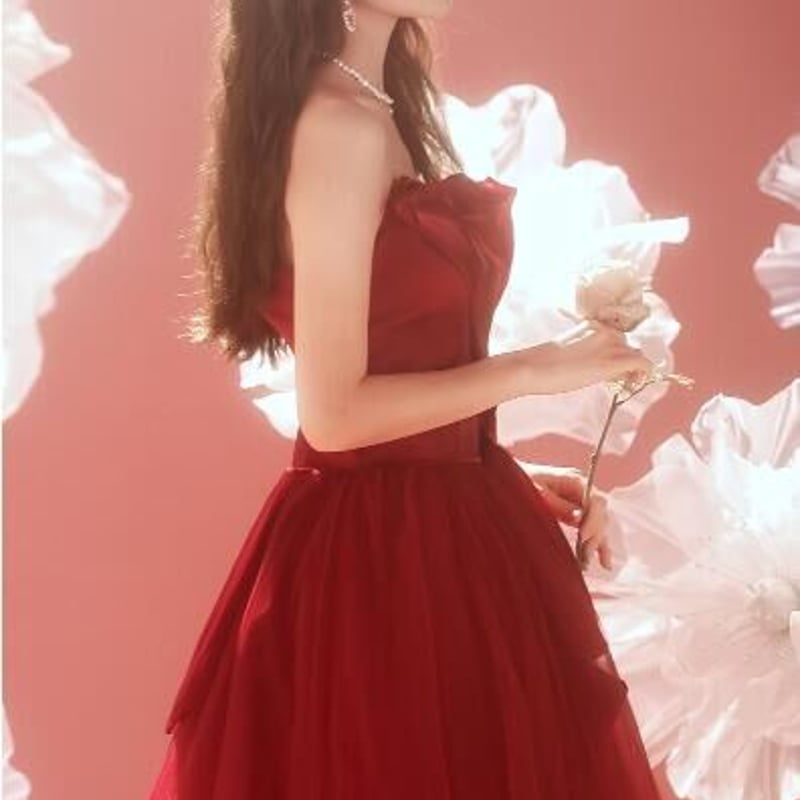 高品質！カラードレス ワインレッド ベアトップ プリンセスライン 憧れ  