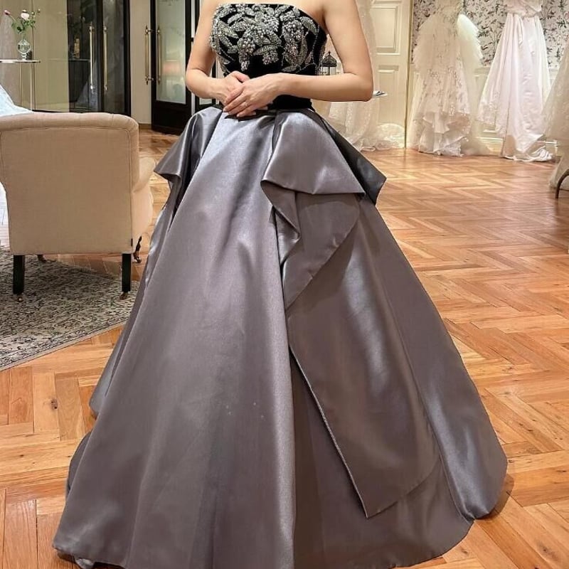 パーティードレス シルバーグ 3D立体レース刺繍 ラッフルフリル ロング