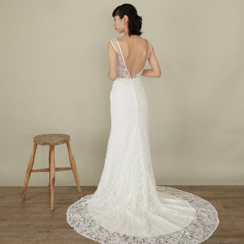 結婚式 花嫁/ウェディングドレス 背中見せ 贅沢な小花総レース ソフト  