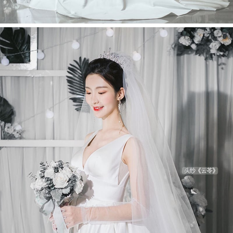 高品質！フランス風ウエディングドレス ホワイト 光沢サテン 深Vネック  