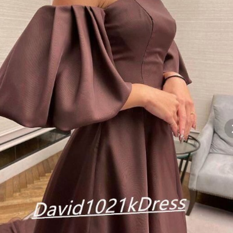 ブラウンカラードレス ベアトップ パフスリーブ トレーン 姫袖  