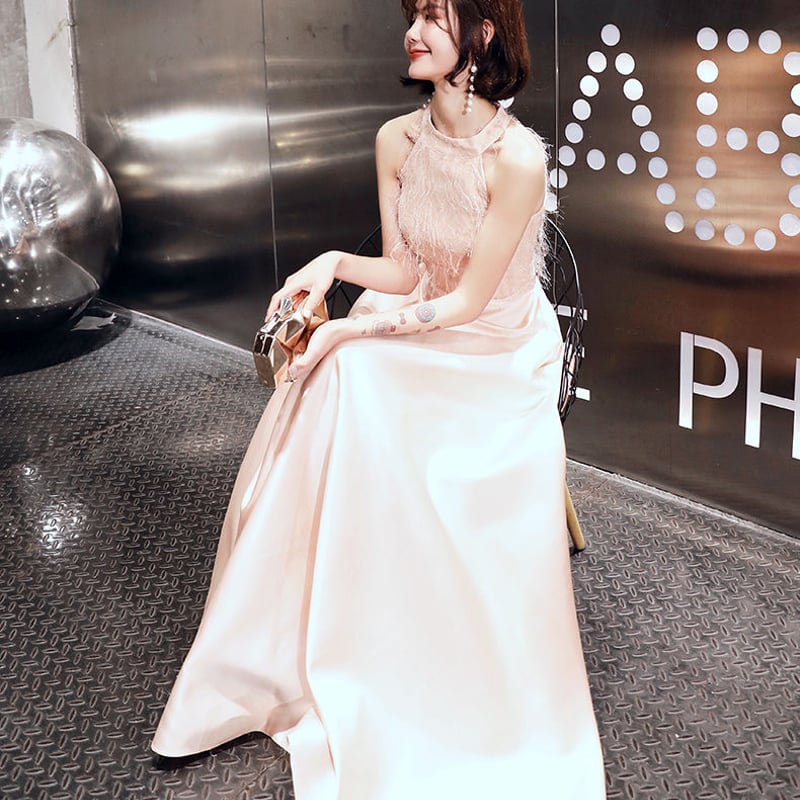 カラードレス ピンク ポリエステル 肩出し Aライン ロング ロング