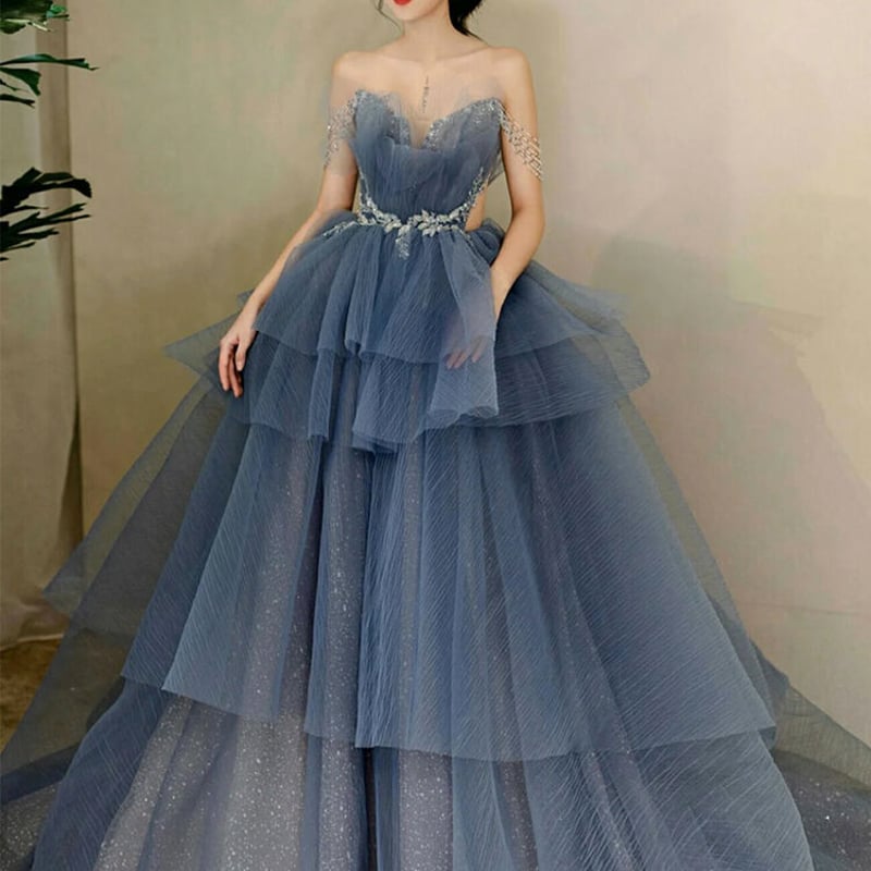 高品質！カラードレス ブルーグレー ソフトチュール ベアトップ ロング  