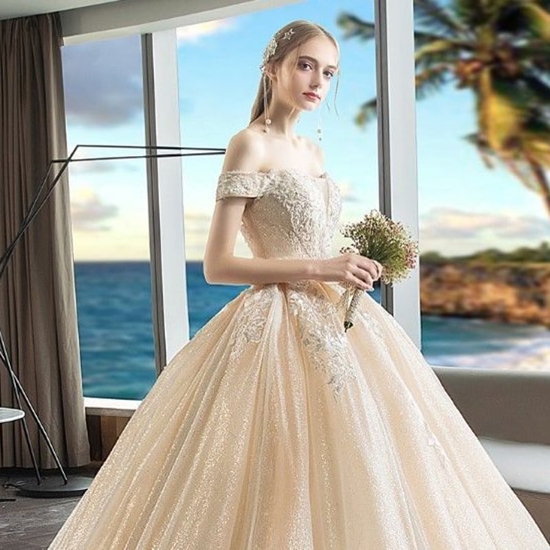 カラードレス シャンパン色 上質オーガンジー レース オフショル ベア  