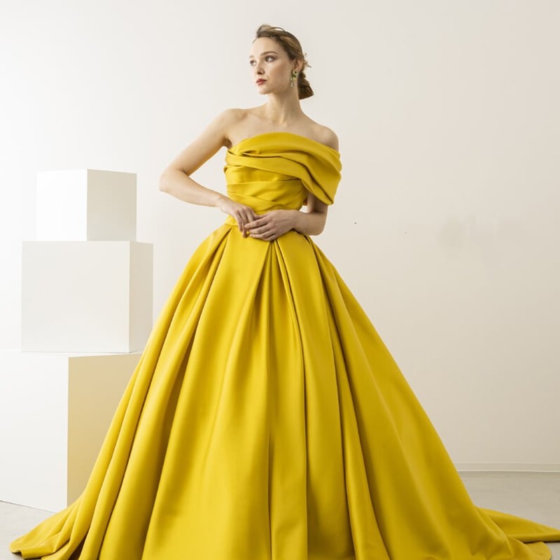 特別感 カラードレス 明るく華やか イエロー サテン ロング
