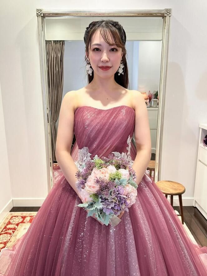 憧れのドレス 薄ピンク ピンク紫 キラキラチュール 優しい ブライダル  