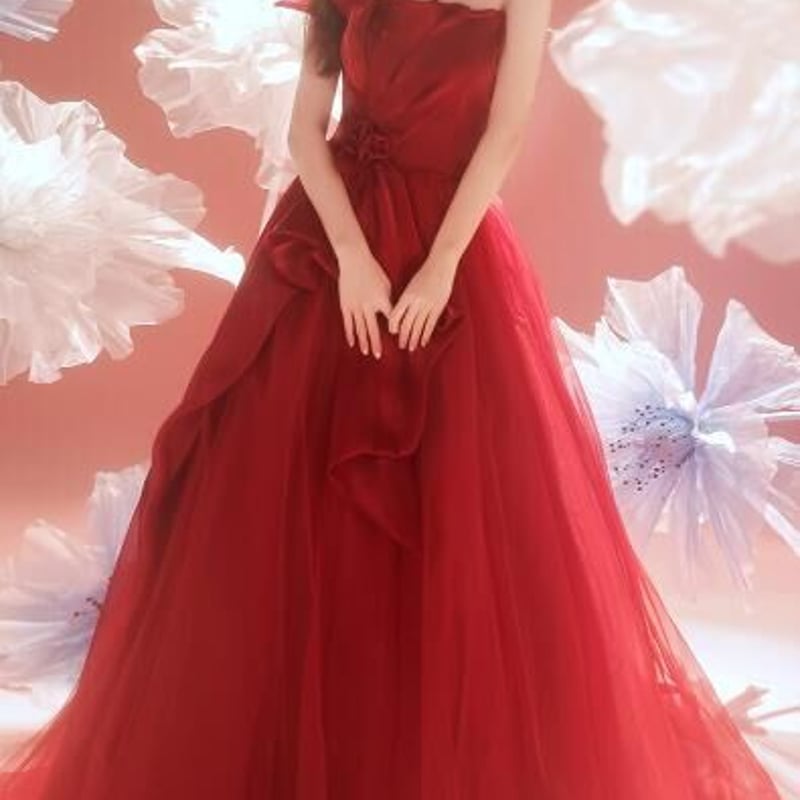 高品質！カラードレス ワインレッド ベアトップ プリンセスライン 憧れ  