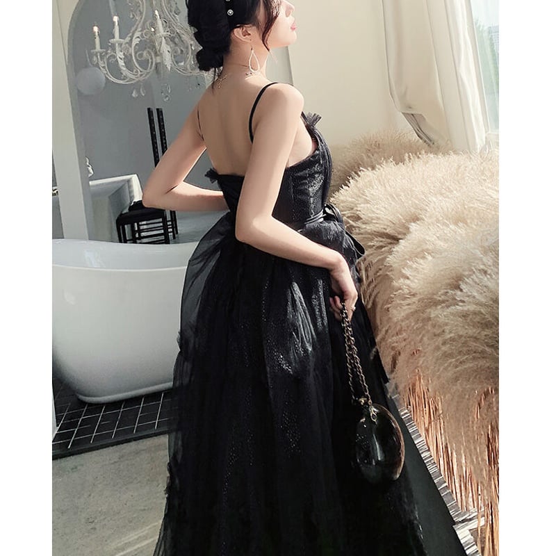 大人気上昇 パーティードレス 黒 キャミソール ソフトチュール 可愛い  