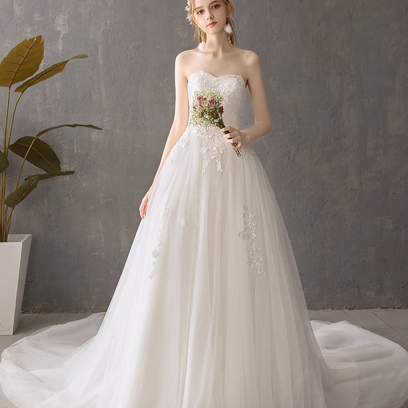 ウエディングドレス ホワイト 上質オーガンジー ベアトップ 高品質  