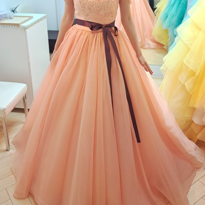 カラードレス オレンジ サッシュベルトオフショルダー チュール  