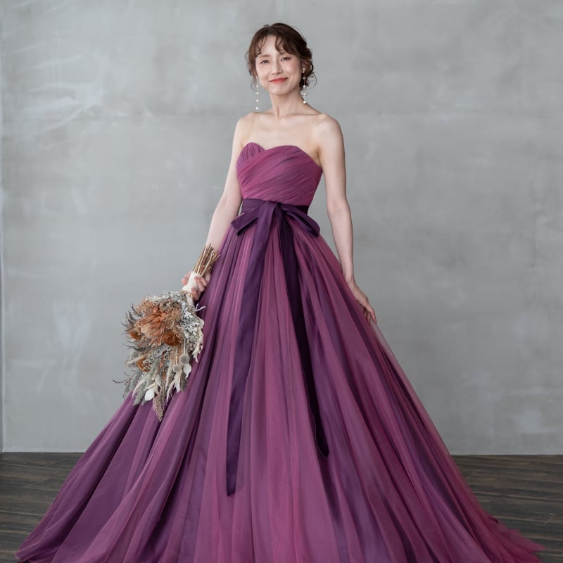 パープル サッシュベルト プリンセスライン ソフトチュール 花嫁 パープル サッシュベルト プリンセスライン ソフトチュール 花嫁