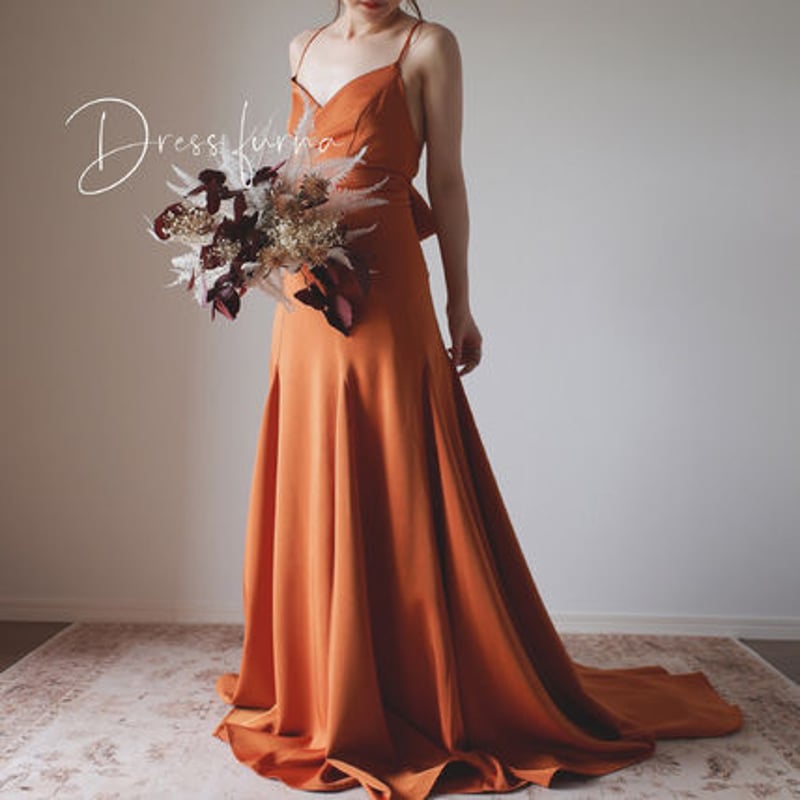 カラードレス テラコッタ リボン 前撮り 結婚式 ドレス 二次会