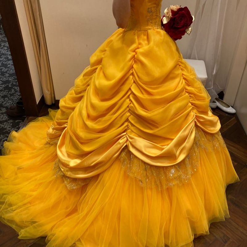 イエロー リボンフリル ショルダードレス リボンショルダー フリル