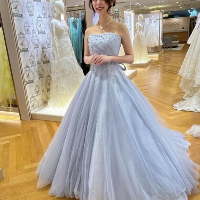 カラードレス 藤紫 柔らかく重ねたチュールスカート ビーズ キラキラ  